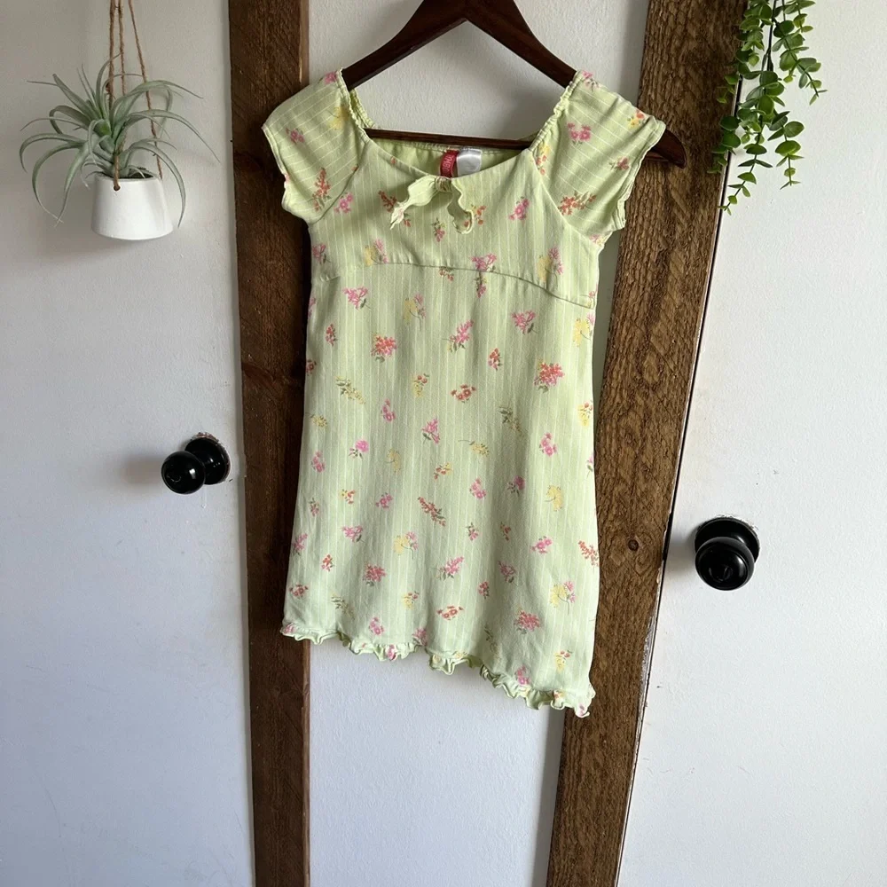 Vintage Gymboree Girl’s Peasant Front Floral Green Dress Pink Accents Size 6